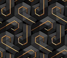 Futuristic 3D Geometric Pattern Composed Of Hexagons With A Luxurious Black And Gold Color Resembling An Intricate Mosaic