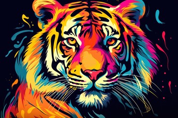  a close up of a tiger's face with colorful paint splatters on it's face and on its face it's face is a black background.