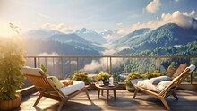 Wooden Terrace With Fabric Couch On Nature Background