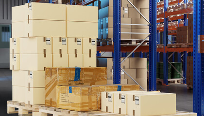 Poster - warehouse bins are filled with boxes. Warehouse bins for business. Metal shelving with wood pallets. Warehouse furniture with parcels close-up. Parcels on shelves of distribution center 3d image