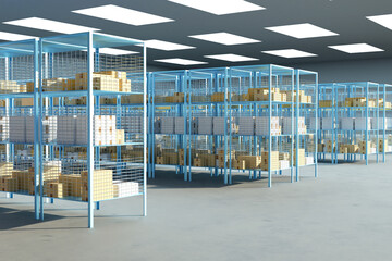 Poster - cardboard boxes on warehouse shelves. 3d image