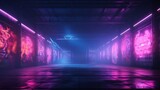 Fototapeta Przestrzenne - Sci Fi Futuristic Smoke Fog Neon Laser and graffiti art in Garage Room,blue pink violet neon abstract background,ultraviolet light,night club Cyber Undergound Warehouse Concrete Reflective Studio