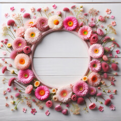 Wall Mural - Spring theme with colorful flowers on a rustic wooden background. AI generated