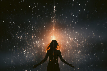 Poster - A figure with an ethereal, star-filled aura, blending into the universe.