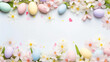 A scattered confetti-like arrangement of pastel flowers and eggs with a clear banner area for text