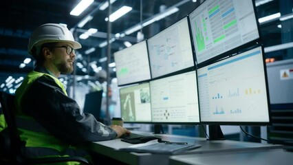 Fototapete - Caucasian Male Process Engineer Using Multi Monitor Workstation To Control Production Of Modern Heavy Machinery on Autonomous Assembly Line With Robotic Arms. Man Adjusting Manufacturing Processes.
