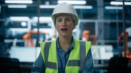Poster - Car Factory Office: POV Of Caucasian Female Director On Video Call With Design Department Of Vehicle Manufacturing Company. Woman Wearing Hardhat, Discussing Autonomous Production With Robotic Arms.