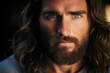 © ADDICTIVE STOCK - AI Generated Image of portrait of serious Jesus Christ with green eyes, beard and wavy hair looking at camera in daylight