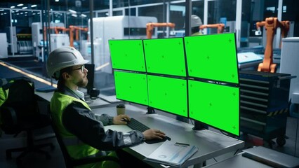 Poster - Caucasian Male Autonomous Assembly Line Operator Using Multi Monitor Workstation With Green Screen Chromakey On Displays To Monitor And Control Production Of Modern Electronics With Robotic Arms.