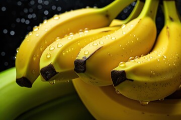 Wall Mural -  a bunch of ripe bananas sitting on top of a green banana holder with drops of water on the top of the bananas and on the bottom of the bananas is a black background.