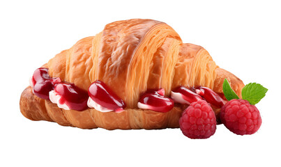 Wall Mural - Croissant with raspberry jam and mint isolated on transparent background.