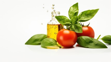 Wall Mural - Basil leaves with tomatoes and olive oil on white baground. Ai generative