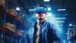A young man wearing virtual reality glasses stands in a warehouse with boxes, illuminated by blue light. Logistics and technology concept
