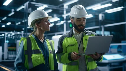 Leinwandbilder - Portrait of Hispanic Male Engineer and Caucasian Female Supervisor Walking, Using Laptop Computer and Discussing Production at a Modern Automated Manufacturing Plant with Robotic Arms.