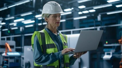 Poster - Portrait of Caucasian Female Engineer Using Laptop Computer and Looking Around a Factory Facility with Equipment Producing Modern Machinery Components with Robotic Arms on Assembly Conveyor.