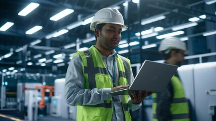 Poster - Portrait Of an Indian Male Engineer Standing In Factory Office, Using Tablet Computer at a Machinery Manufacturing Facility. Specialist Using Online Software to Program Robots on Assembly Line.