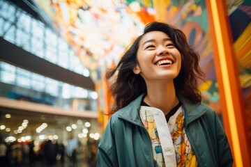 Wall Mural - Portrait of a cheerful asian woman in her 20s wearing a chic cardigan against a vibrant shopping mall background. AI Generation