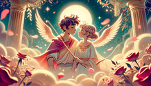 The Love Story Of Eros And Psyche, Depicted In A Whimsical, Animated Art Style, Focusing On A Close Or Medium Shot.