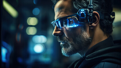 Aufkleber - Side view of mature businessman with futuristic eyeglasses working at the office