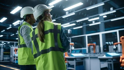 Leinwandbilder - Portrait of an Indian Male Process Engineer and Caucasian Female Supervisor Standing In Factory Hall, Using Laptop, and Discussing Production at Automated Manufacturing Plant with Robot Arms.