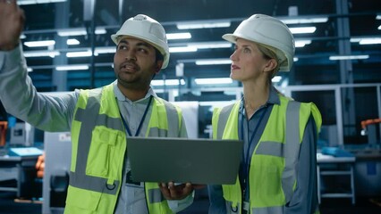 Aufkleber - Portrait of Indian Male Professional Technician and Caucasian Female Engineer Standing In Factory Hall, Using Laptop, Discussing Production at Electric Engine Manufacturing Plant with Robot Arms.