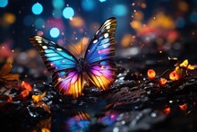  A Blue And Yellow Butterfly Sitting On Top Of A Puddle Of Water Next To Orange And Yellow Flowers And A Blue And Yellow Boke Of Lights In The Background.