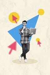 Poster - Vertical creative photo collage of young man student hold laptop learn work online remotely browsing curious thinking on paper background