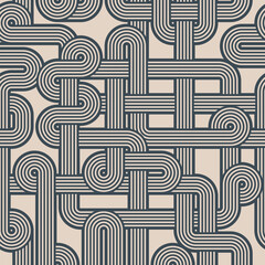 Sticker - Seamless repeating maze pattern with interlaced striped lines in blue and white. Geometric striped ornament. Abstract background. Vector illustration.