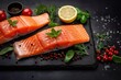 salmon fillet with pepper and lemon on dark wooden table. Fresh Salmon fish fillet