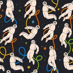 Wall Mural - people flying in outer space in white space suits. astronaut or spacemen. cute characters. cartoon f