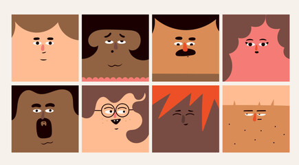 Wall Mural - Diverse human portraits. Various faces, hairstyle, emotions. Cute funny characters. Cartoon, minimal, abstract contemporary style. Avatar, icon templates. Hand drawn Vector isolated illustrations