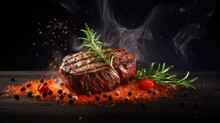 Grilled Beef Steak With Flying Ingredients In Dish. Banner, Menu, Ads