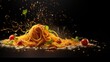 Spaghetti advertisement menu banner with copy space area. Spaghetti with flying ingredients and spices hot ready to serve and eat