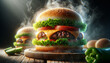 A photo-realistic image of freshly prepared burgers with steam rising, in a close-up shot.