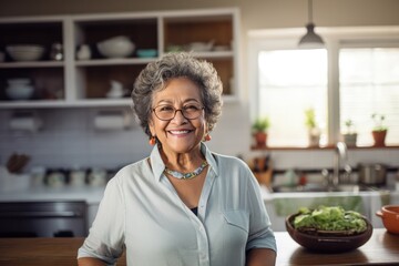 Smiling Hispanic Grandmother Portrait In Home Kitchen, Mothers Day