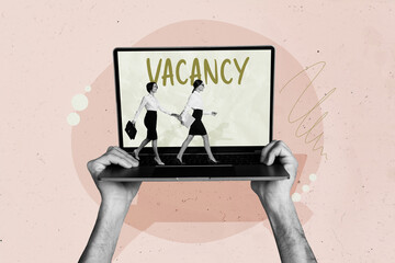 Poster - Collage picture of black white colors arms hold laptop two mini elegant girls walk work job vacancy screen isolated on beige background