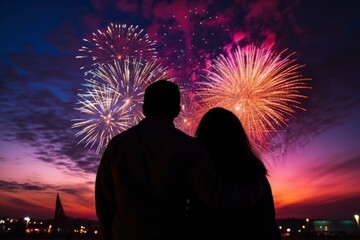 Silhouettes of people and colorful fireworks in the night sky. People take pictures and videos of fireworks lights. Holiday, festival, party, New Year, Christmas. Festive background