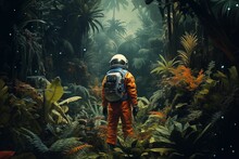 Astronaut Exploring A Lush, Alien Jungle. 