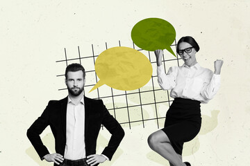 Poster - Pop pinup collage banner poster of chief business person guy hire lady give successful job opportunity