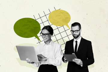 Poster - Pop pinup retro collage of two business people company colleagues have online meeting on netbook tablet device speak partners