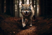 Angry Lone Wolf Walking Alone In A Forest Path, Showing Teeth, Front Face Ready To Attack