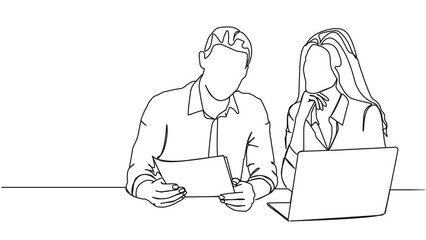 Wall Mural - animated continuous single line drawing of businessman and businesswoman discussing documents, business meeting line art animation