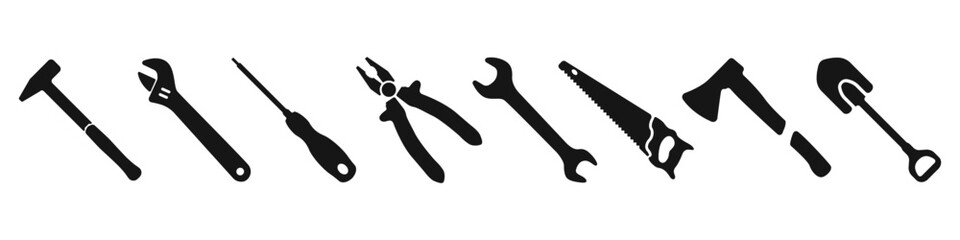 Poster - Black work tools vector icon set. Tools vector icon. A collection of tools for repair, restoration, installation, construction. Pliers, gas wrench, screwdriver, hammer, key, shovel, ax, saw.