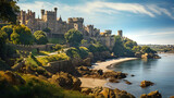 Fototapeta Natura - Beautiful landscape with Ruins of medieval English castle staying on rocks at the seaside