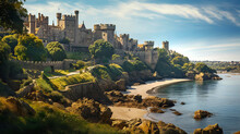 Beautiful Landscape With Ruins Of Medieval English Castle Staying On Rocks At The Seaside