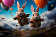Happy Easter greeting card with fun bunnies rabbits flying with air balloons in shape of Easter eggs over a wonderful valley. Beautiful clouds on background. Trendy conceptual Easter greeting card