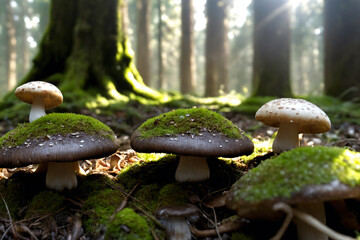 Mushrooms growing in the forest on mossy ground with sunligh