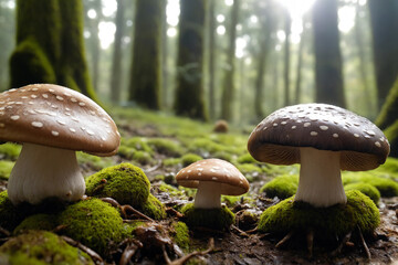 Mushrooms growing in the forest on mossy ground with sunligh