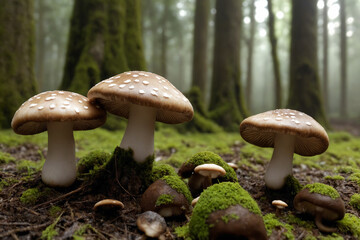 Mushrooms growing in the forest on mossy ground with sunligh