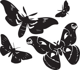 Silhouette Solid Vector Icon Set Of butterflies, Moth, Lepidopteran, Insect, Papillon.